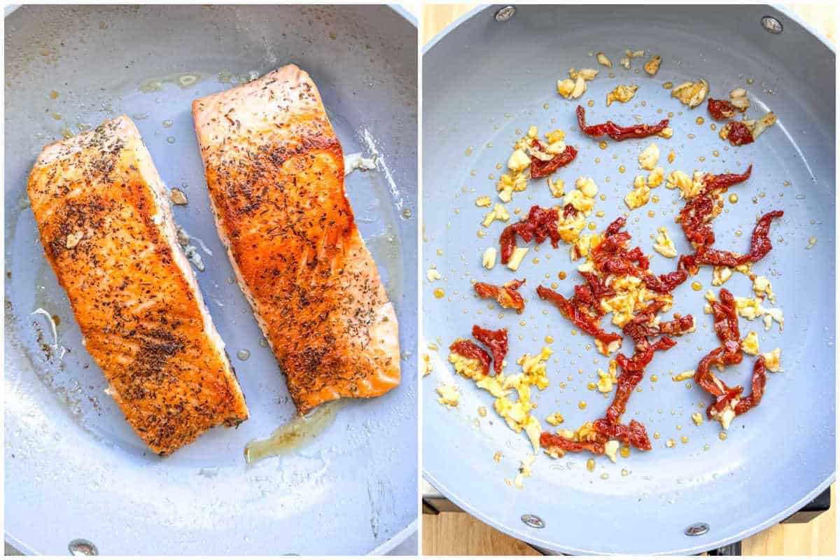process shot of cooking the salmon and searing the sun dried tomatoes and garlic in a pan.