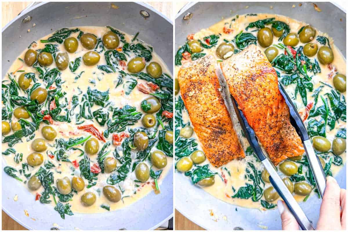 process shot of making the tuscan sauce with spinach and olives and then adding the salmon filets in the sauce.