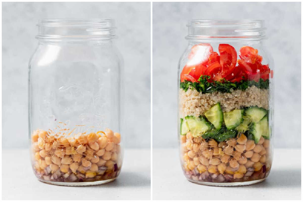 process shot to assemble the salad jar.