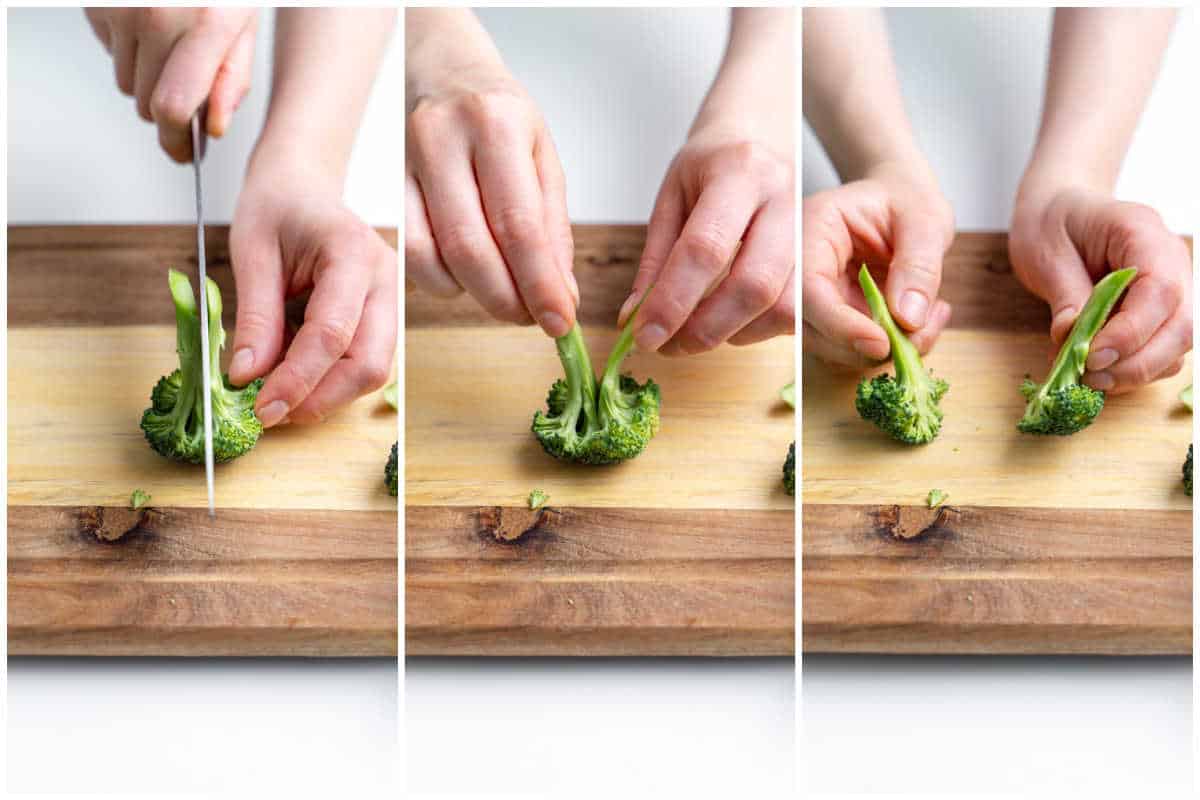 Broccoli florets are being cut into smaller sizes.