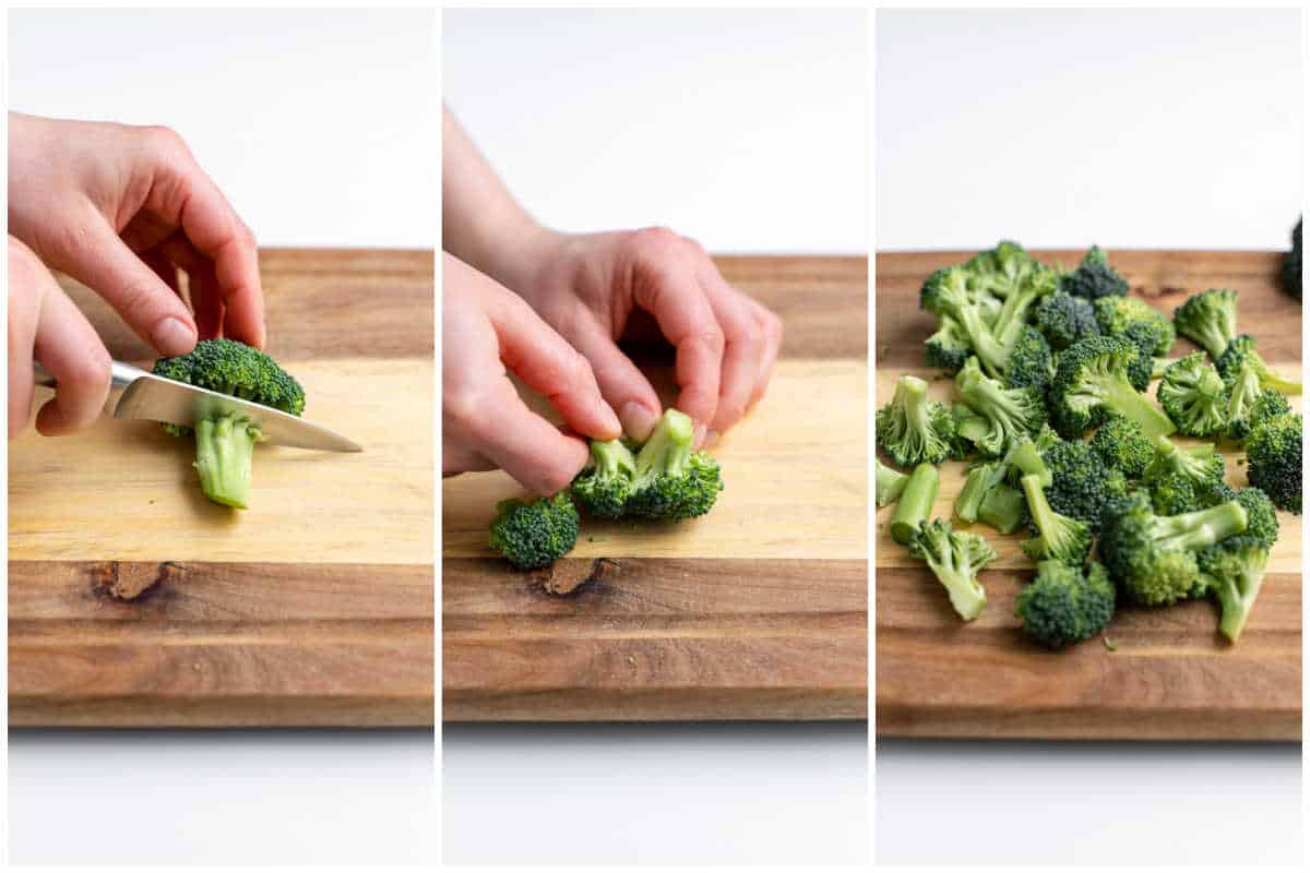 Stems being removed from broccoli.