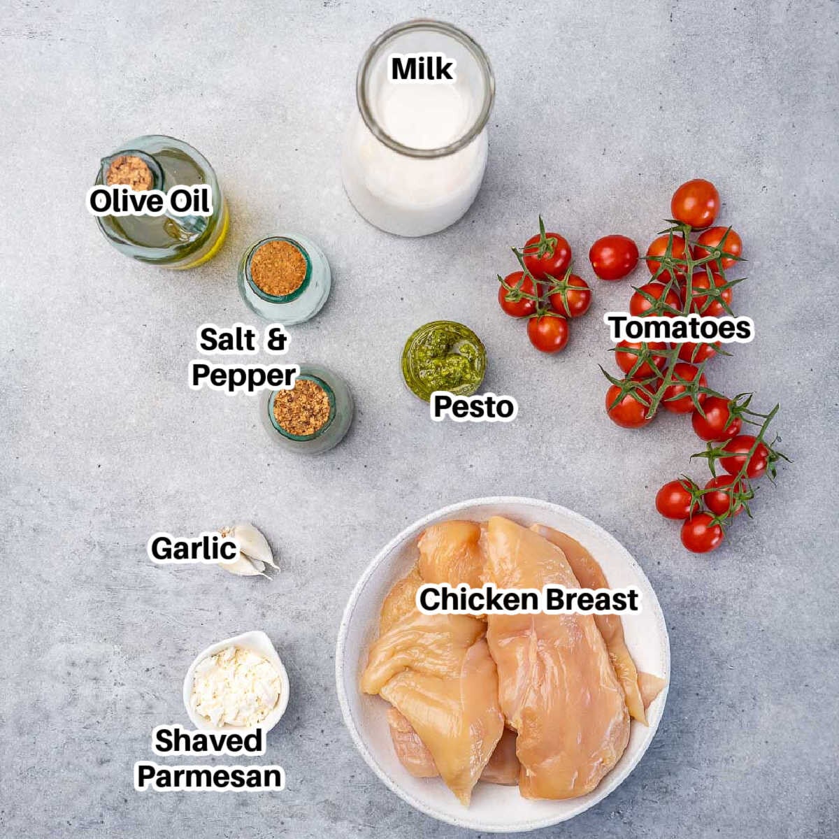 ingredients to make baked pesto chicken.