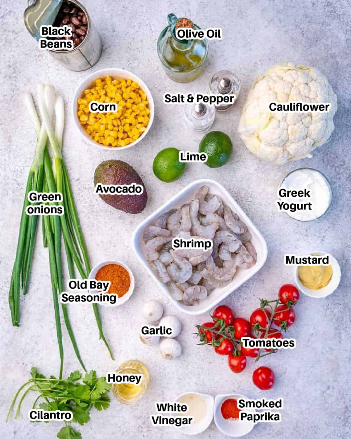 ingredients to make shrimp burrito bowl.