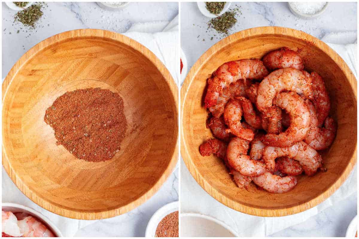 making the seasoning and seasoning the shrimp in a bowl.
