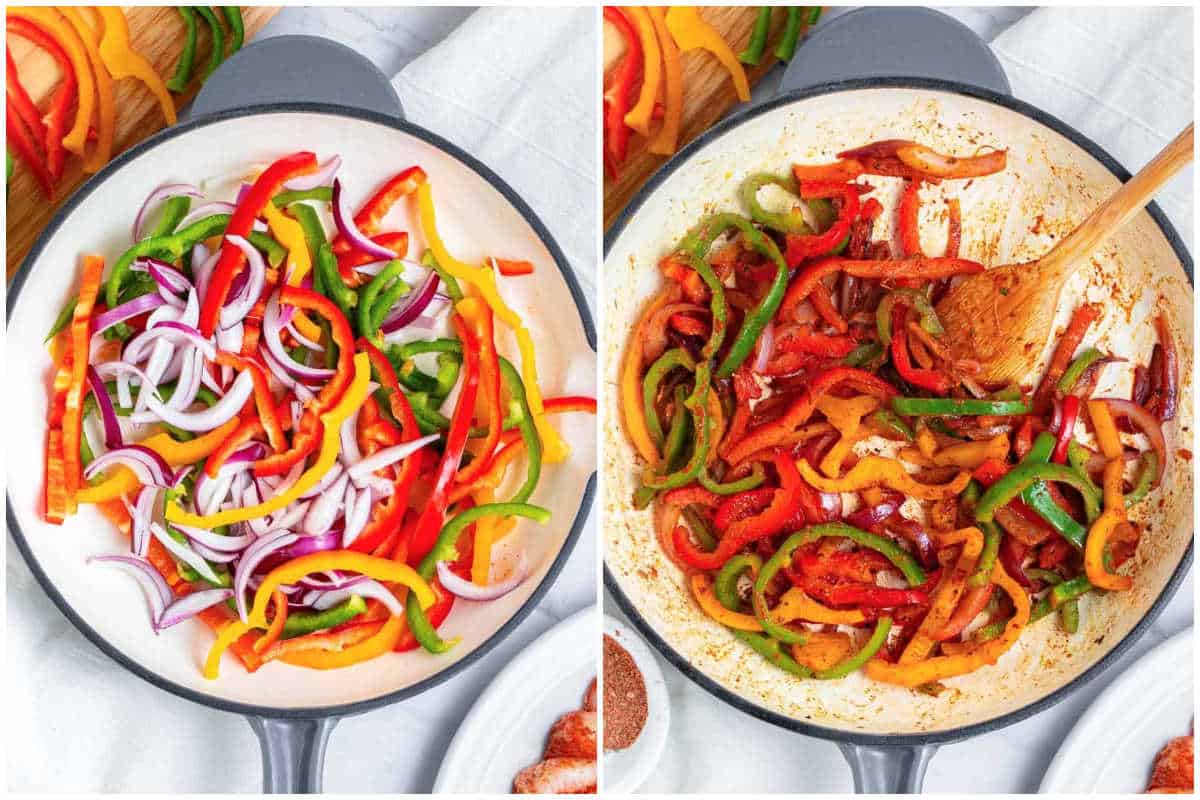 Cooking the veggies in the pan for shrimp fajitas.