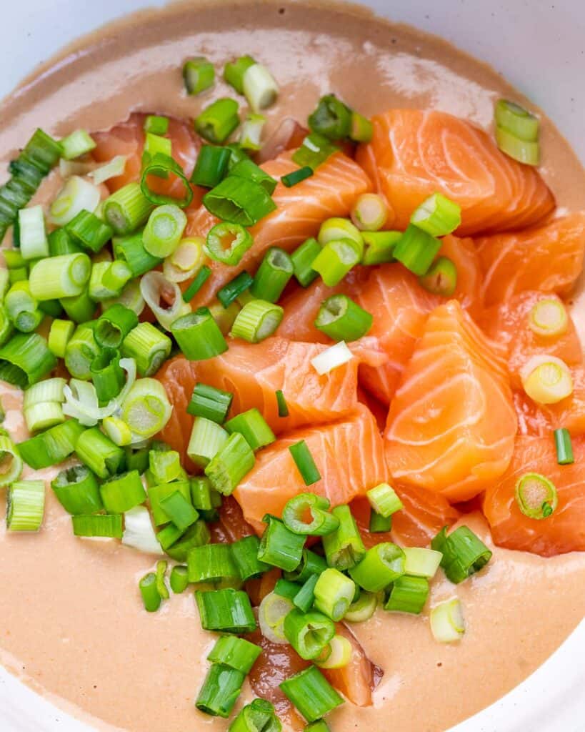 Chopped salmon and green onions mixed into a cream cheese mixture.