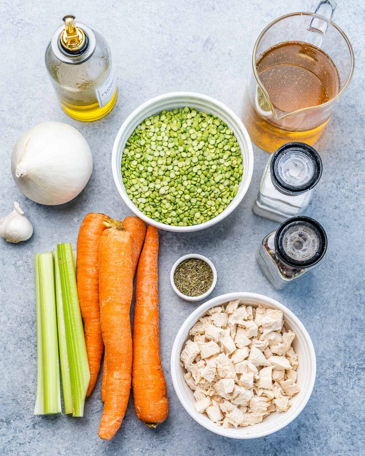 Peas, carrots, celery, chopped chicken and broth.