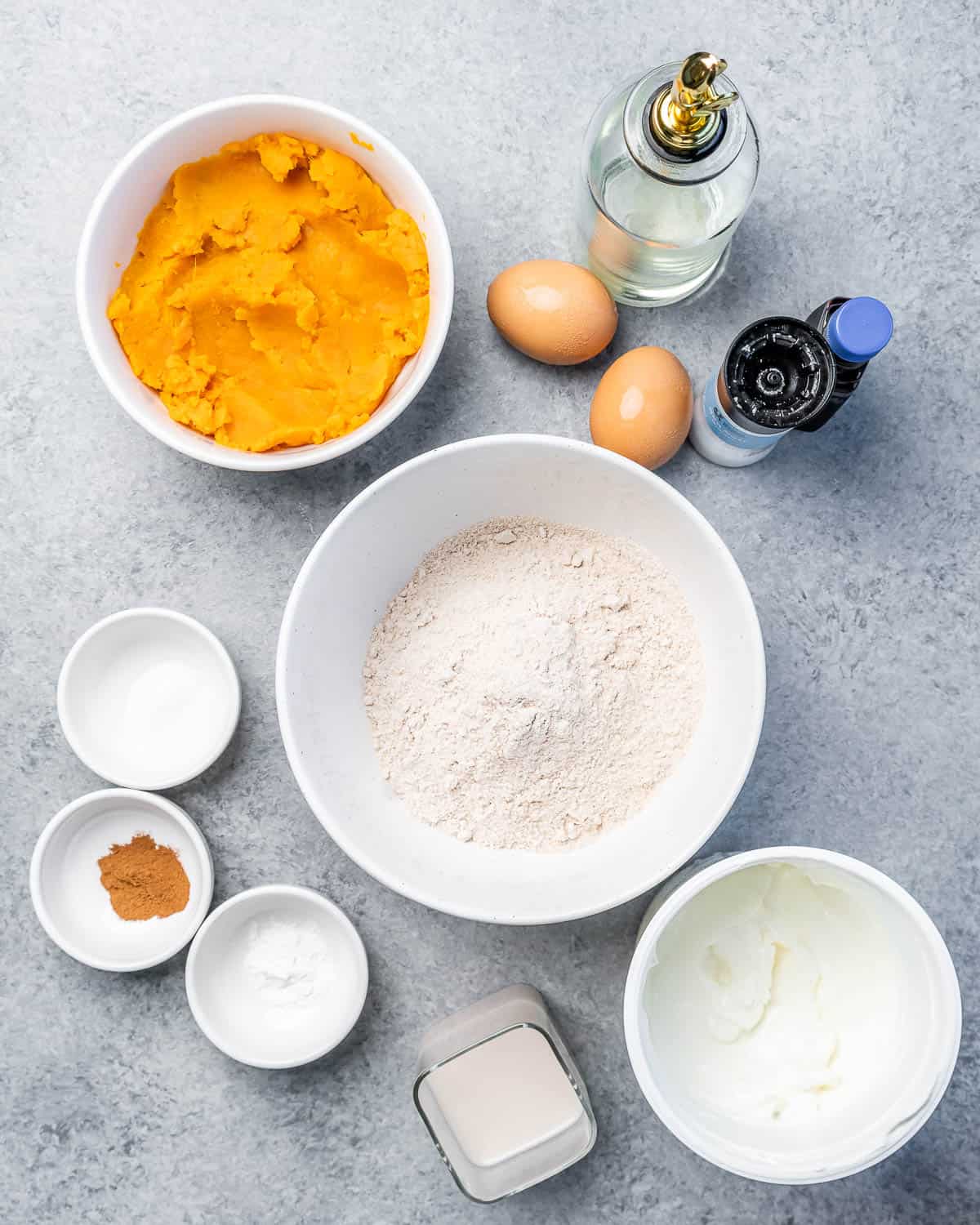 Flour, mashed sweet potato, eggs, vanilla and oil.