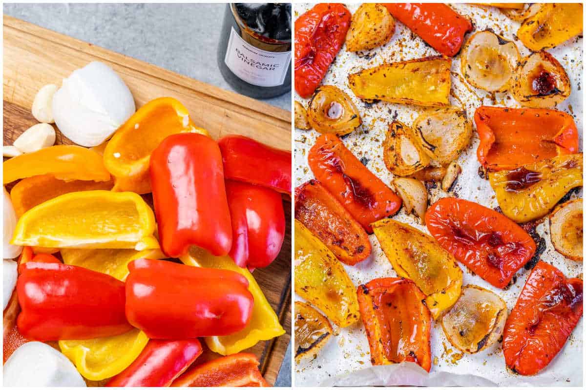 process shot to roasted peppers and onions in a sheet pan.