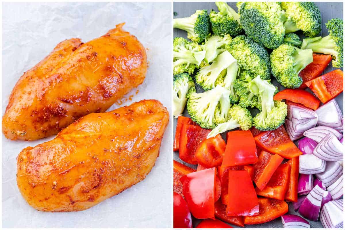process shot to season the chicken breast and prepping the veggies for the sheet pan bake.