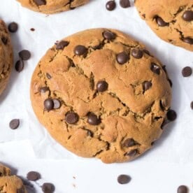 a single baked cookie with chocolate chips.