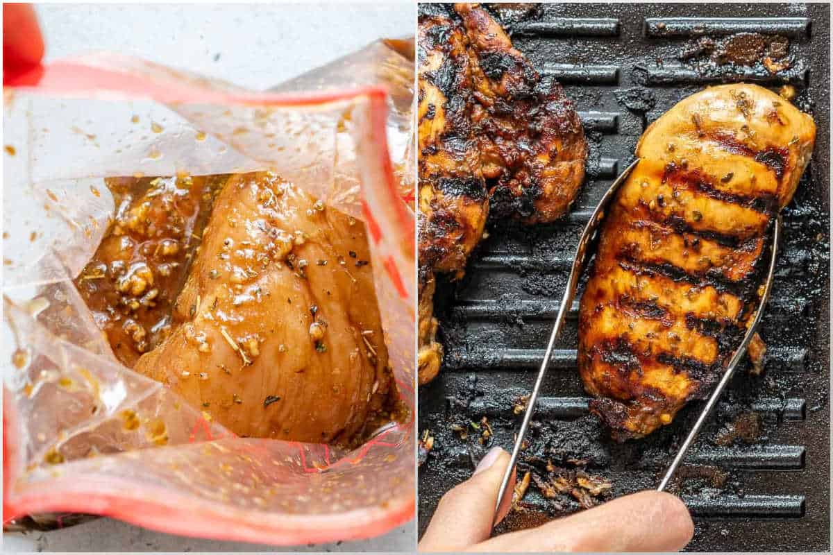 process shot to marinate the chicken and grill it in a pan. 