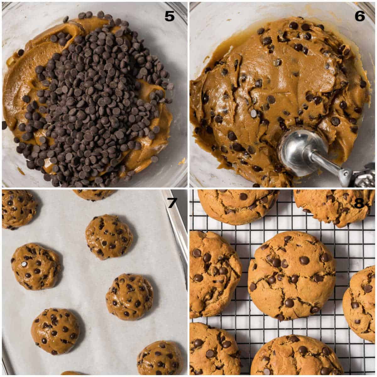 process shot to adding the chocolate chips to the cookie dough, then to the sheet pan and baking. 