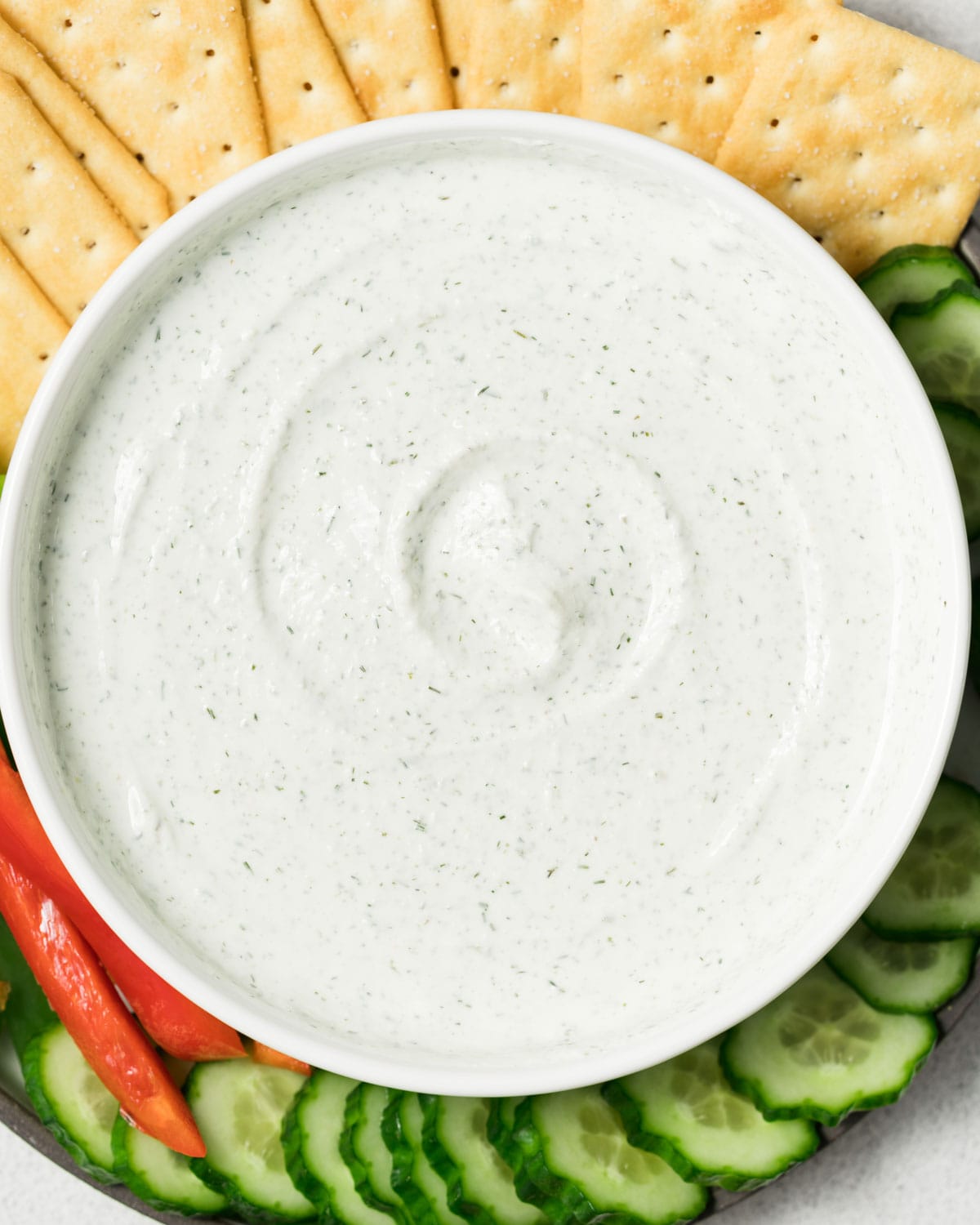 Cottage cheese ranch dip served with fresh cut veggies and crackers.