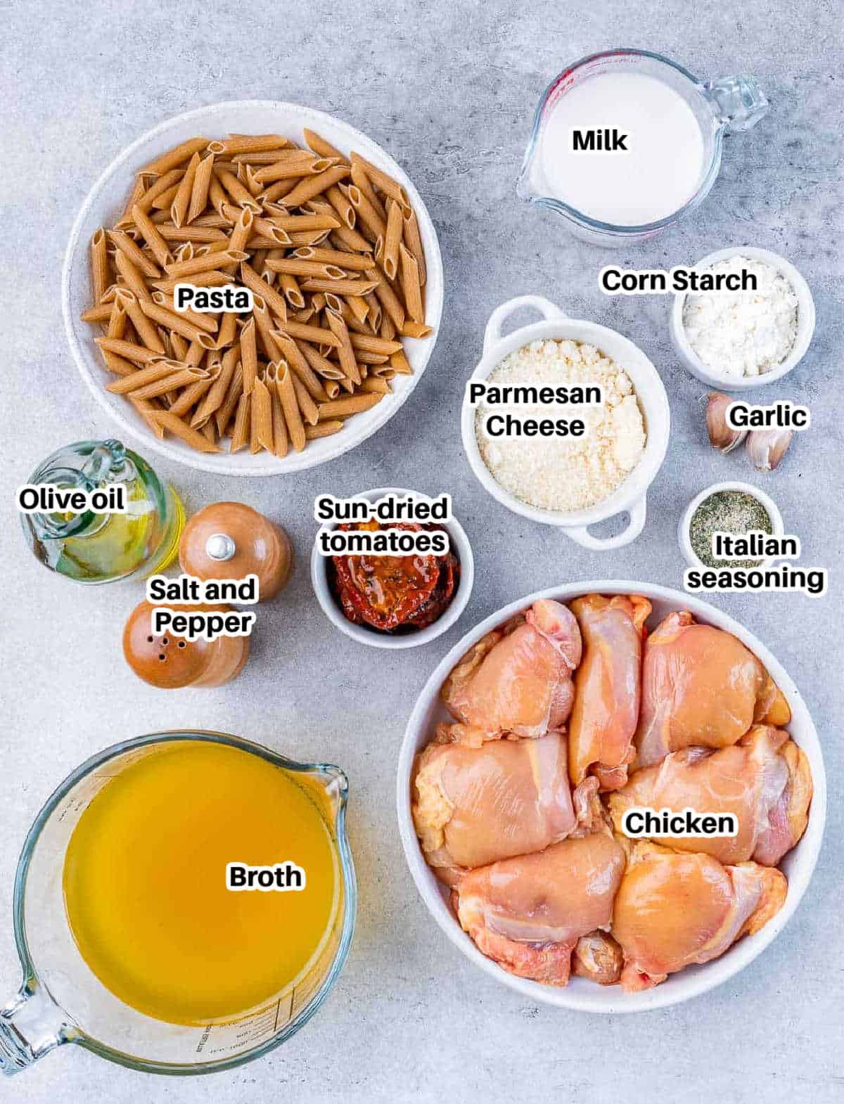 ingredients to make marry me chicken pasta.
