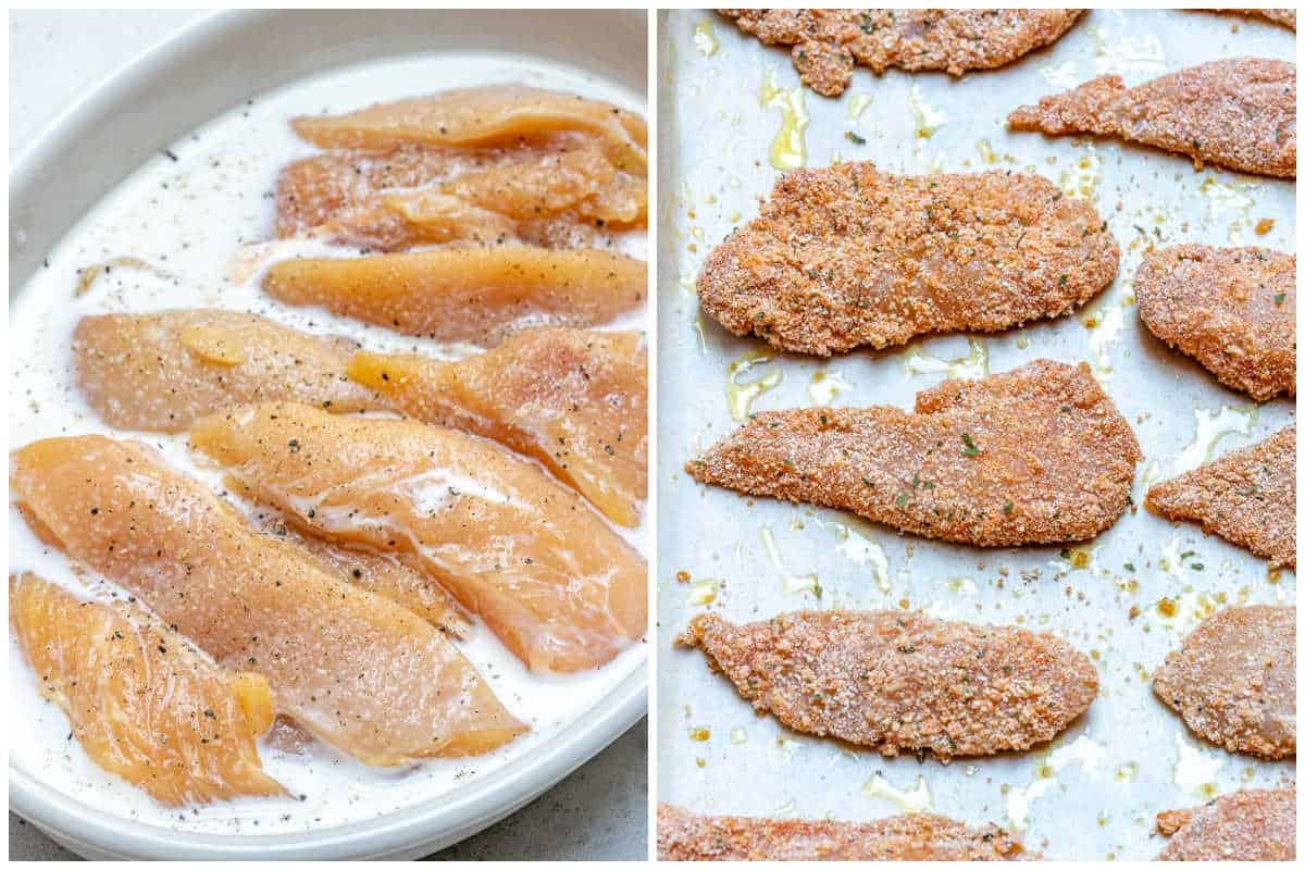 process shot to soak chicken in marinade and coat them with bread crumbs.