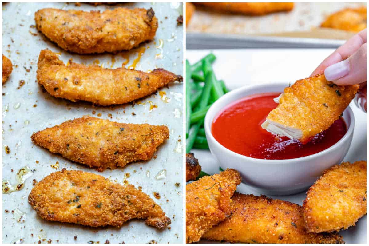 process shot of baking the chicken tenders and serving on a plate.