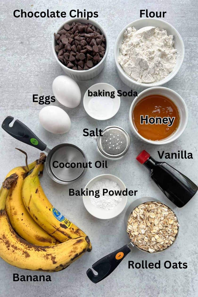 ingredients for banana bread labelled individually