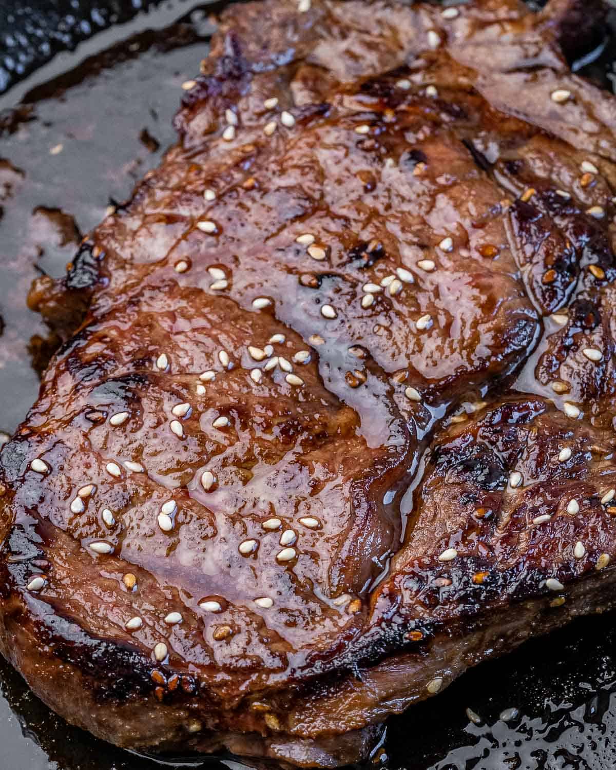 Cooked teriyaki steak in the pan.