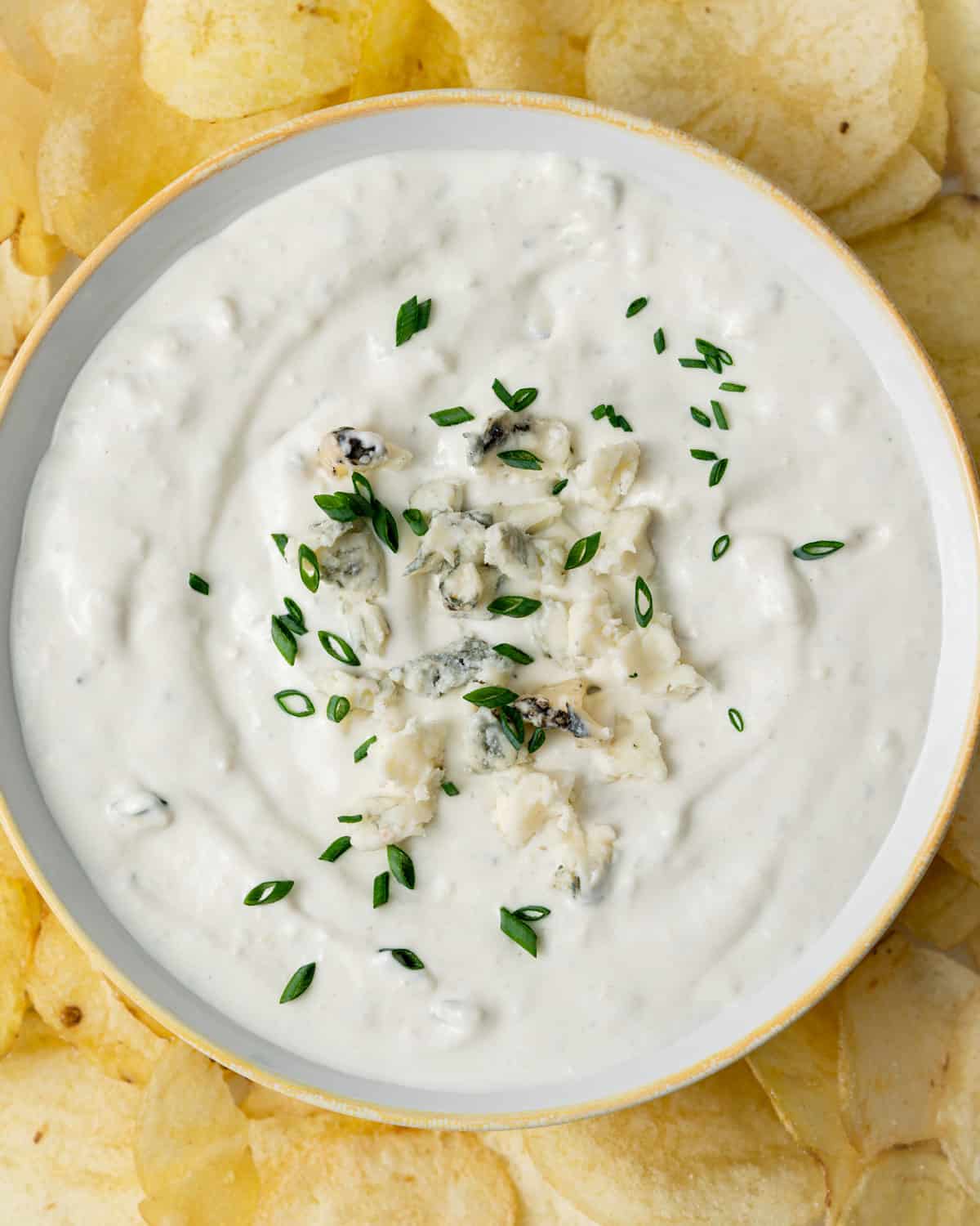 Blue cheese dip in a white bowl served with chips.