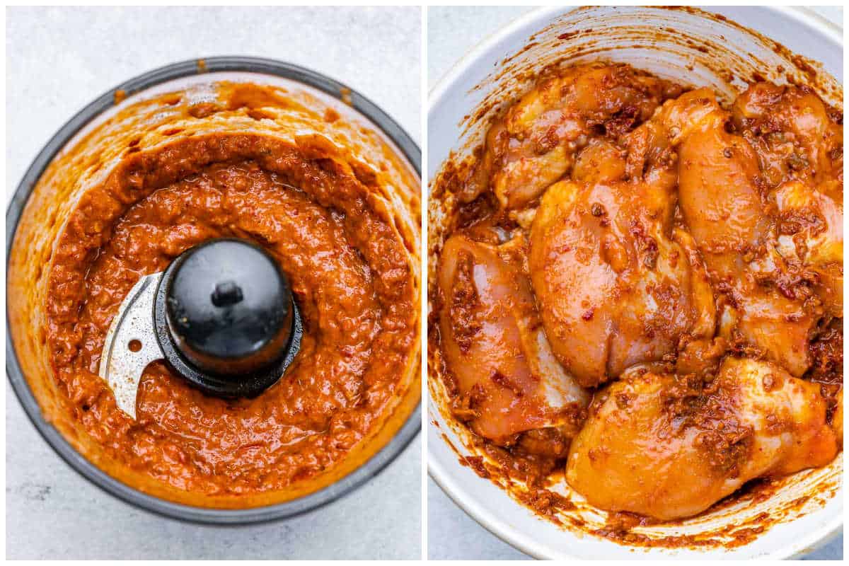 process shot to make the chicken al pastor marinade, and marinating the chicken in a bowl.