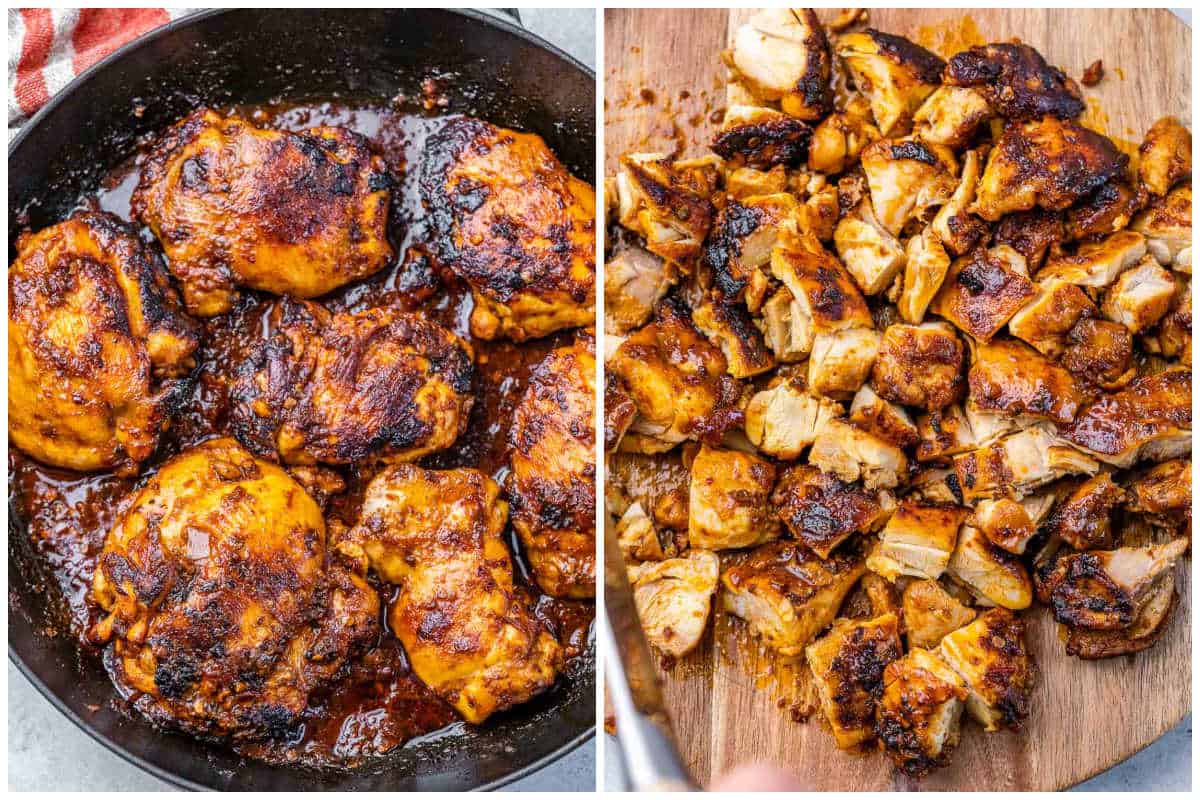 process shot to cook the chicken thighs and shredding them on a cutting board.