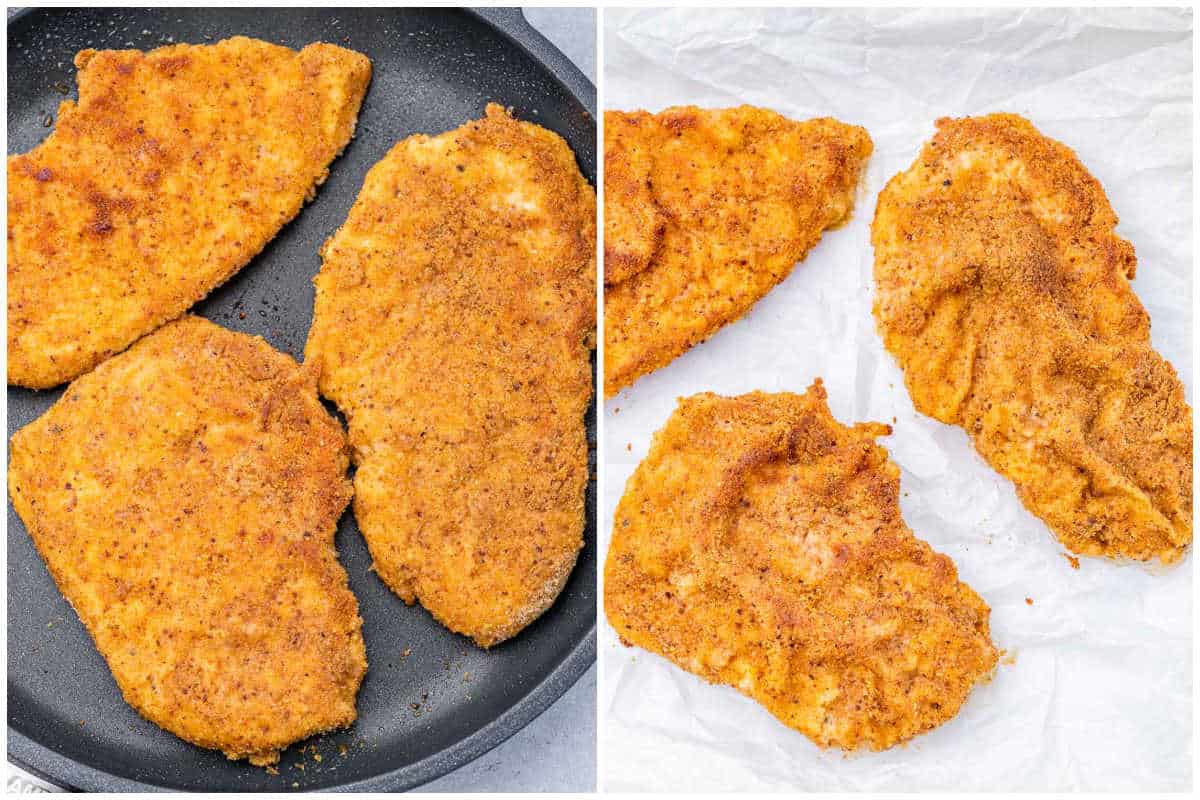 cooking the chicken cutlets in a pan and allowing it to cool.