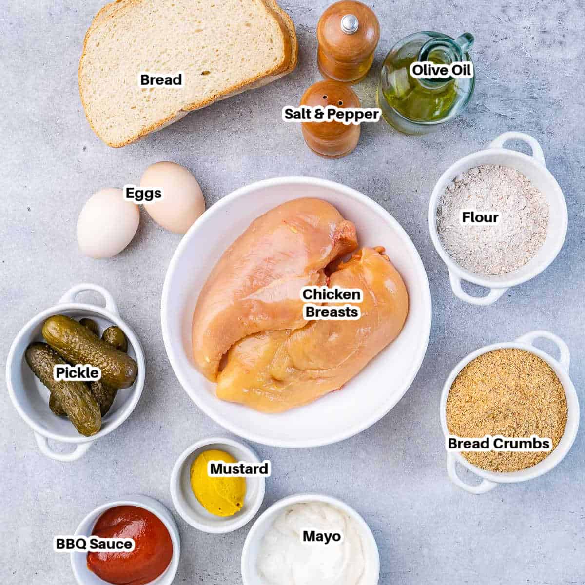 ingredients for chicken cutlet sandwich.