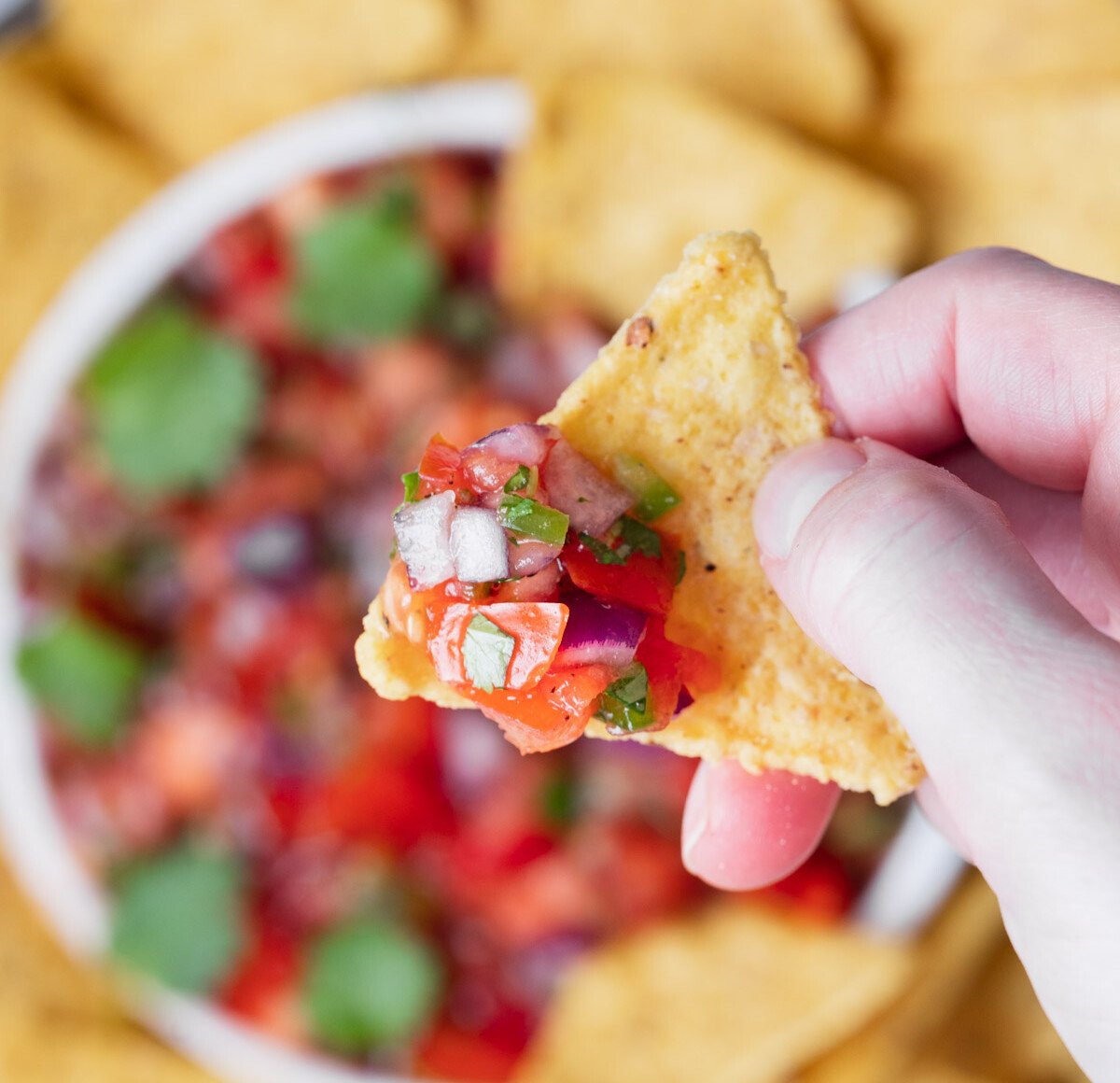 Copycat chipotle pico de gallo scooped up on a tortilla chip.