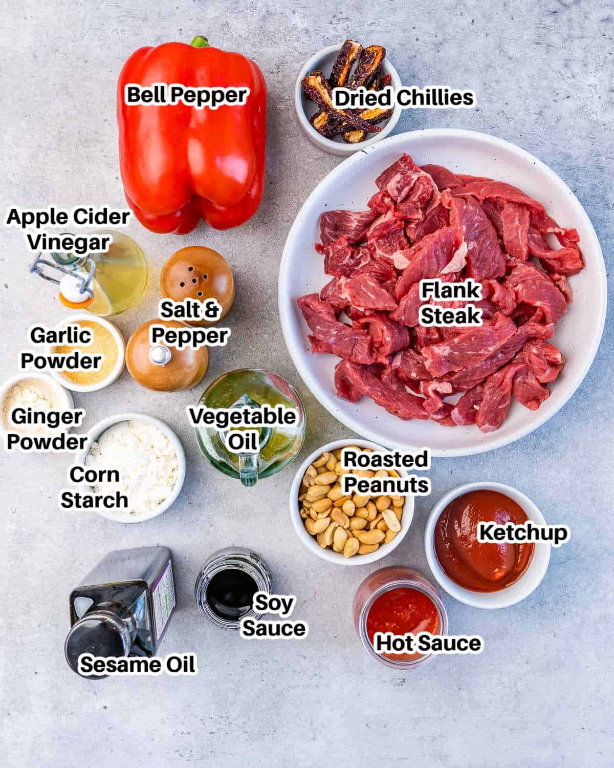 ingredients for kung pao beef.
