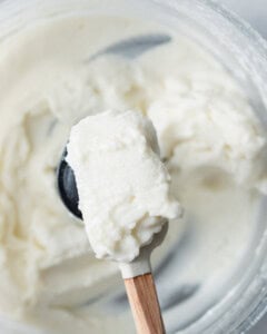 spatula with garlic sauce over a food processor.