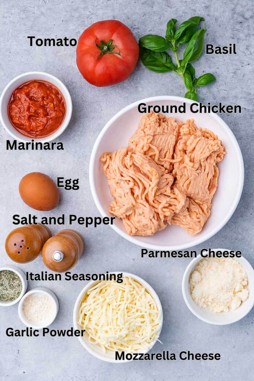 ingredients for chicken pizza crust laid out and labelled individually