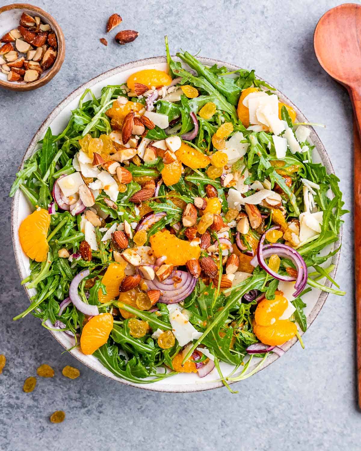 Top-down view of the finished salad, beautifully arranged with the ingredients evenly distributed.