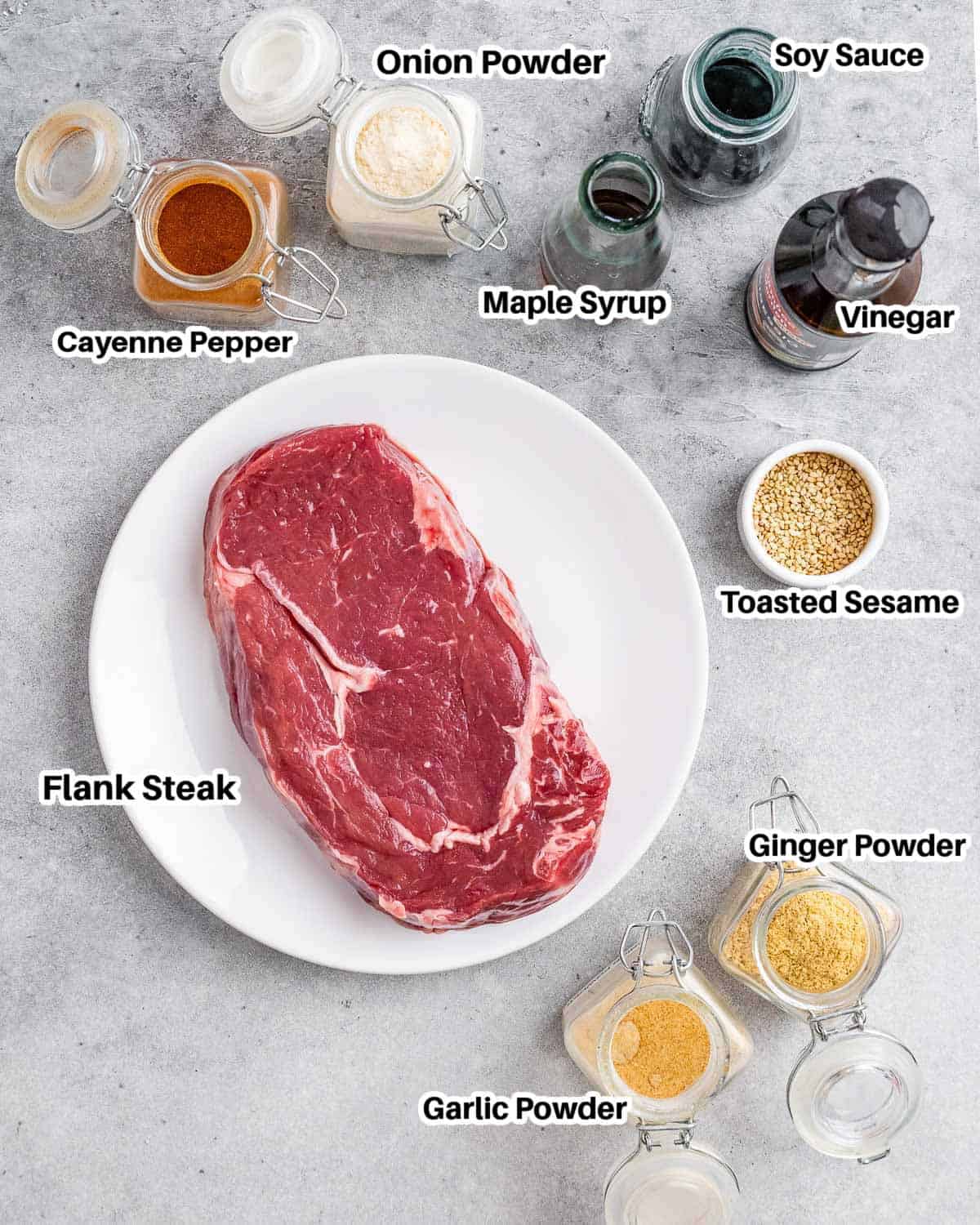 Labelled ingredients for teriyaki steak.