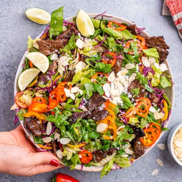 hand holding a bowl of steak salad.
