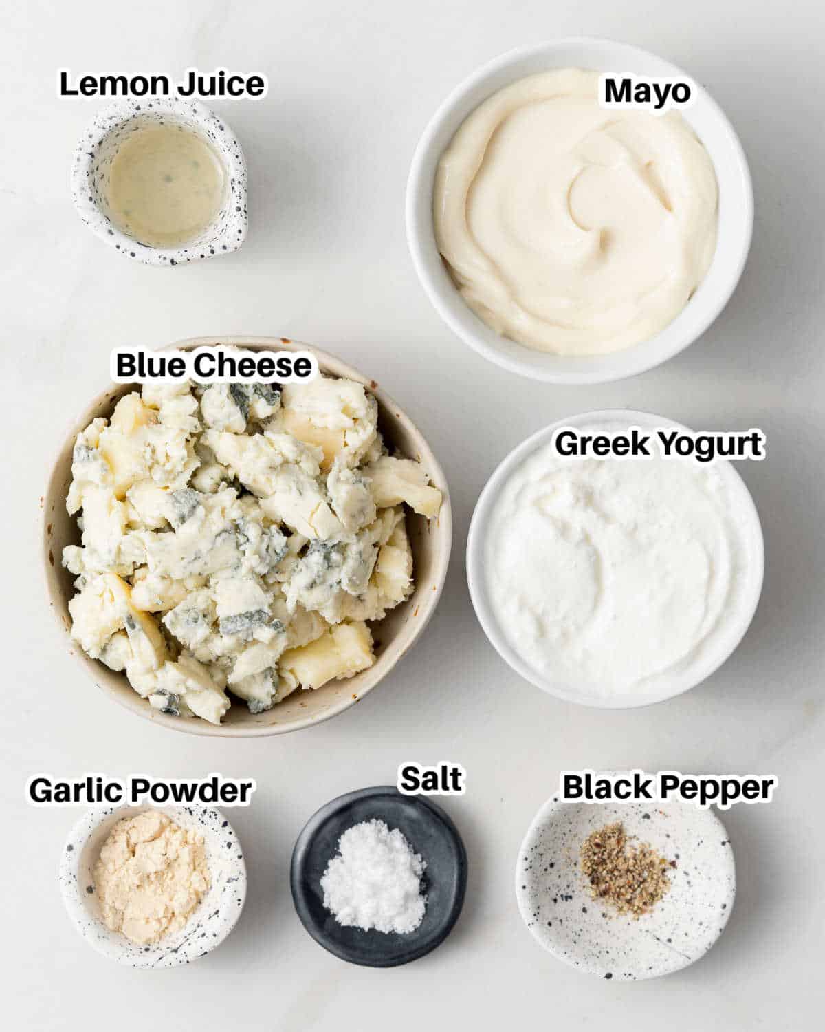 ingredients laid out to make blue cheese dip.