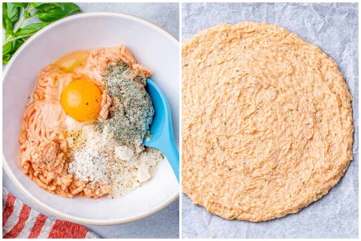 process shot to make the chicken pizza crust and spreading it on a prepared pan.