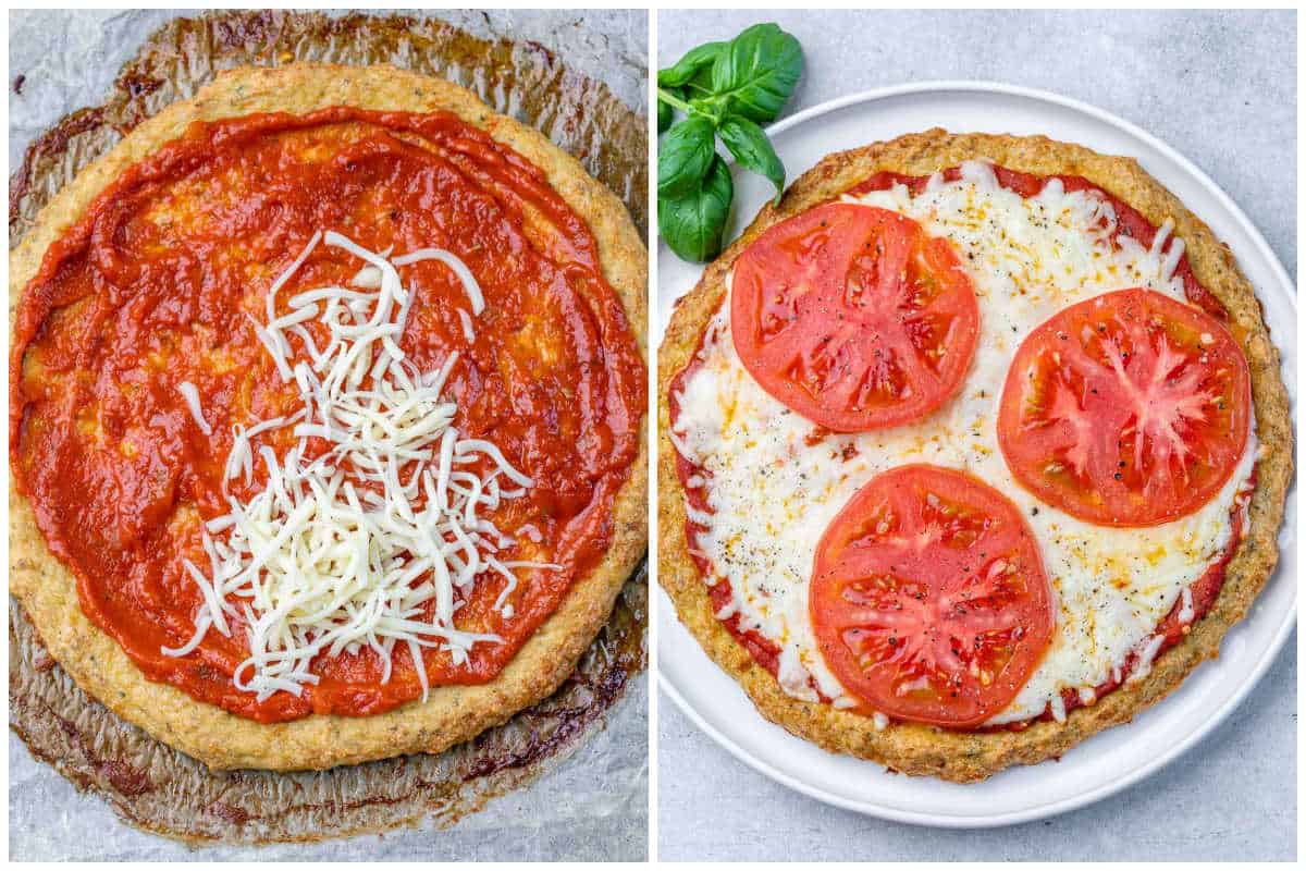 process shot to add the toppings on a pizza crust and bake.