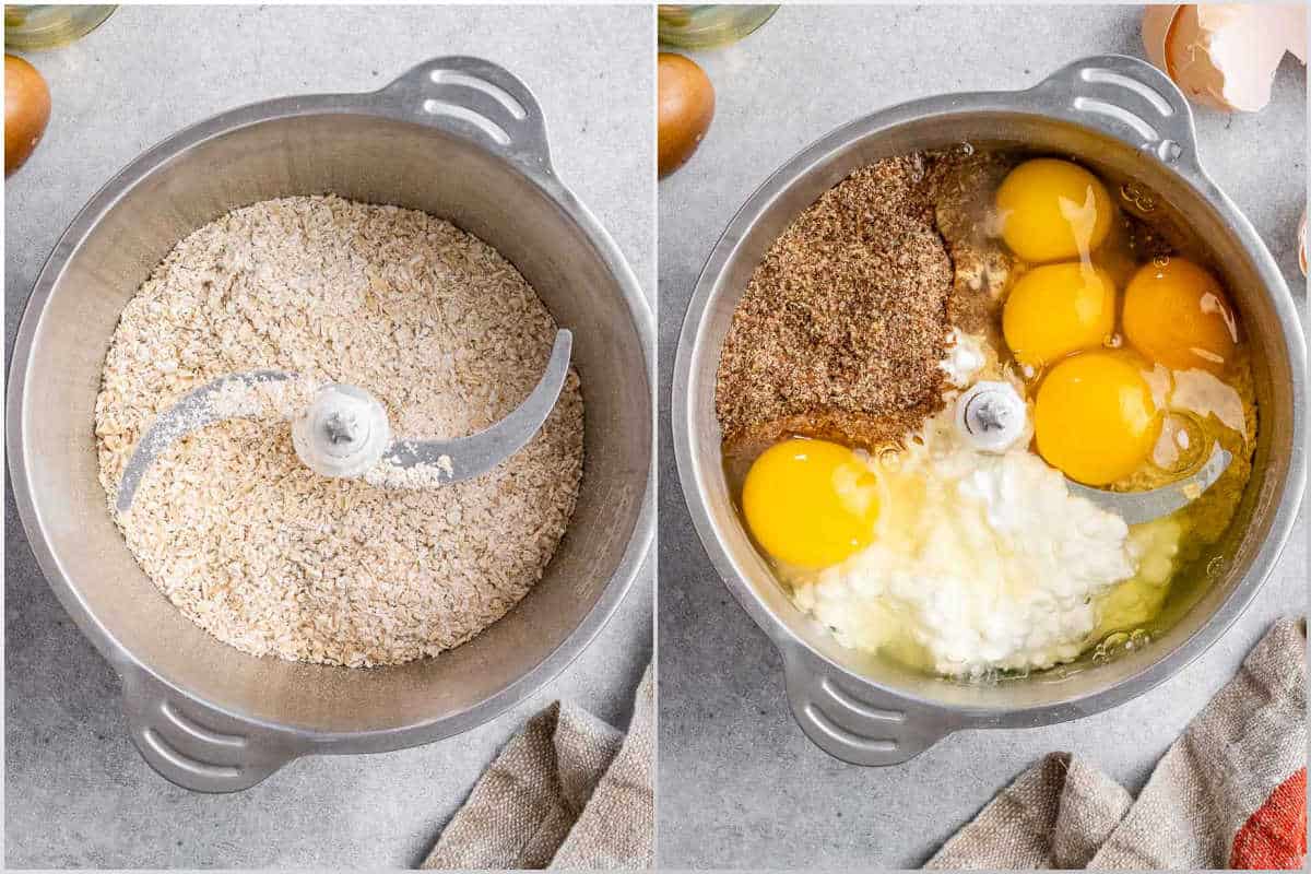 image of blended oats and eggs, cottage cheese, and ground flax in a blender.