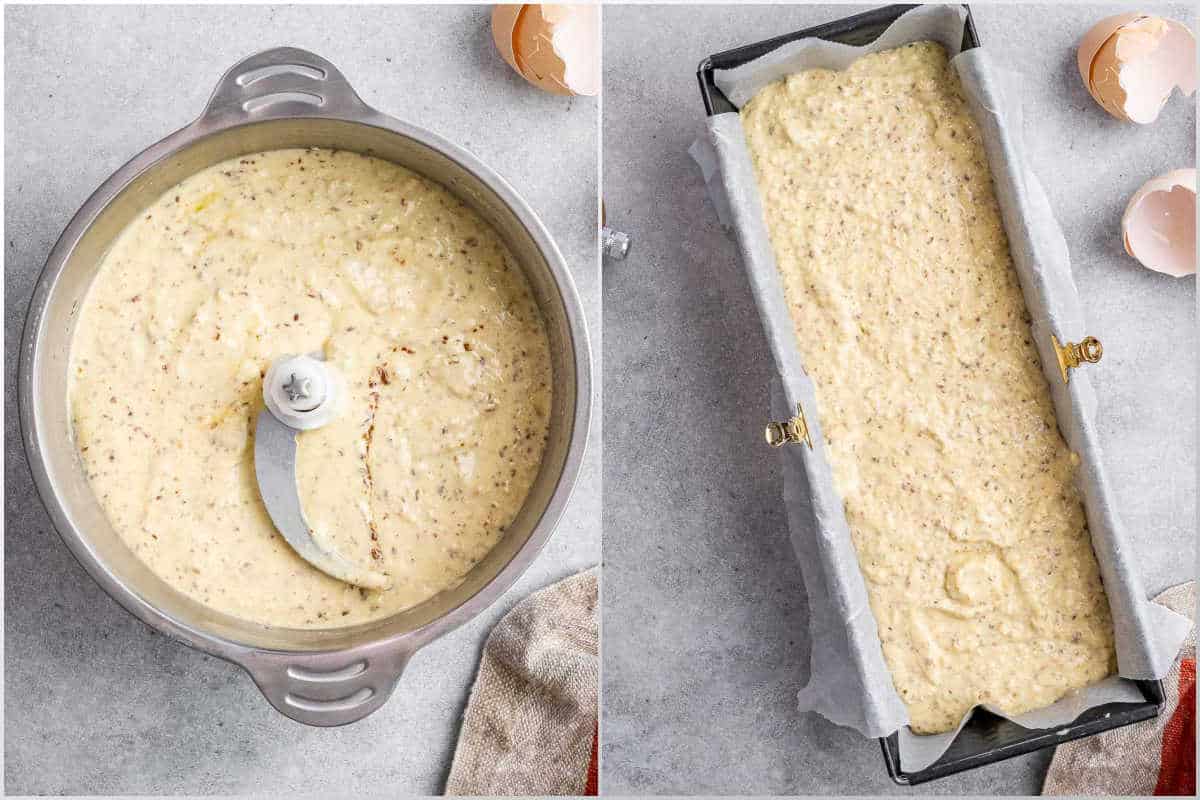 process shot of batter in the processor and batter in the bread pan.