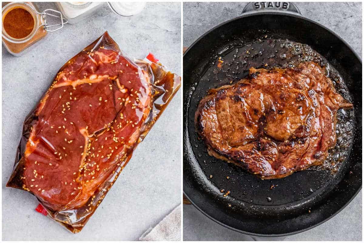 marinating the steak and then grilling on a pan.