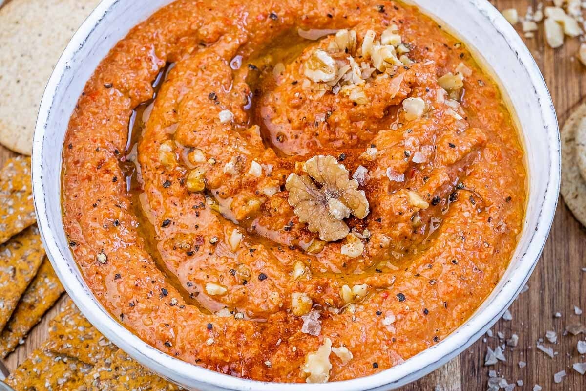 Muhammara in a round bowl.