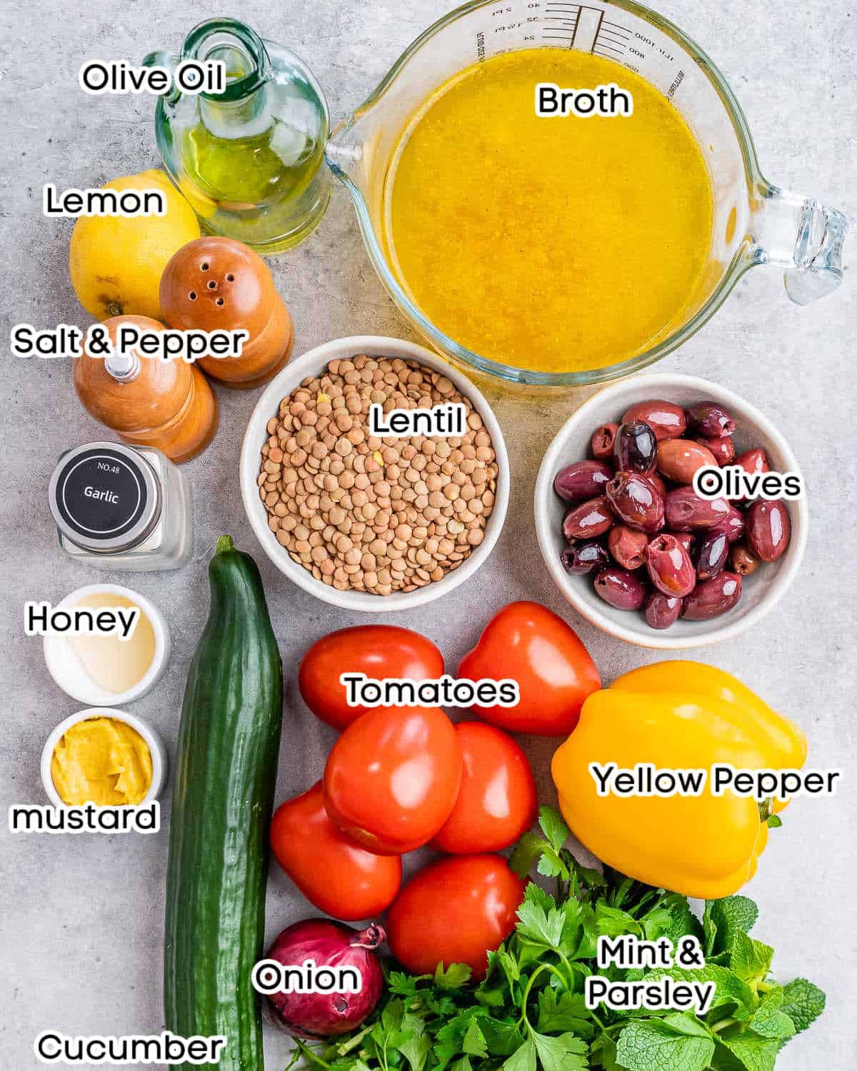 ingredients for lentil salad laid out.