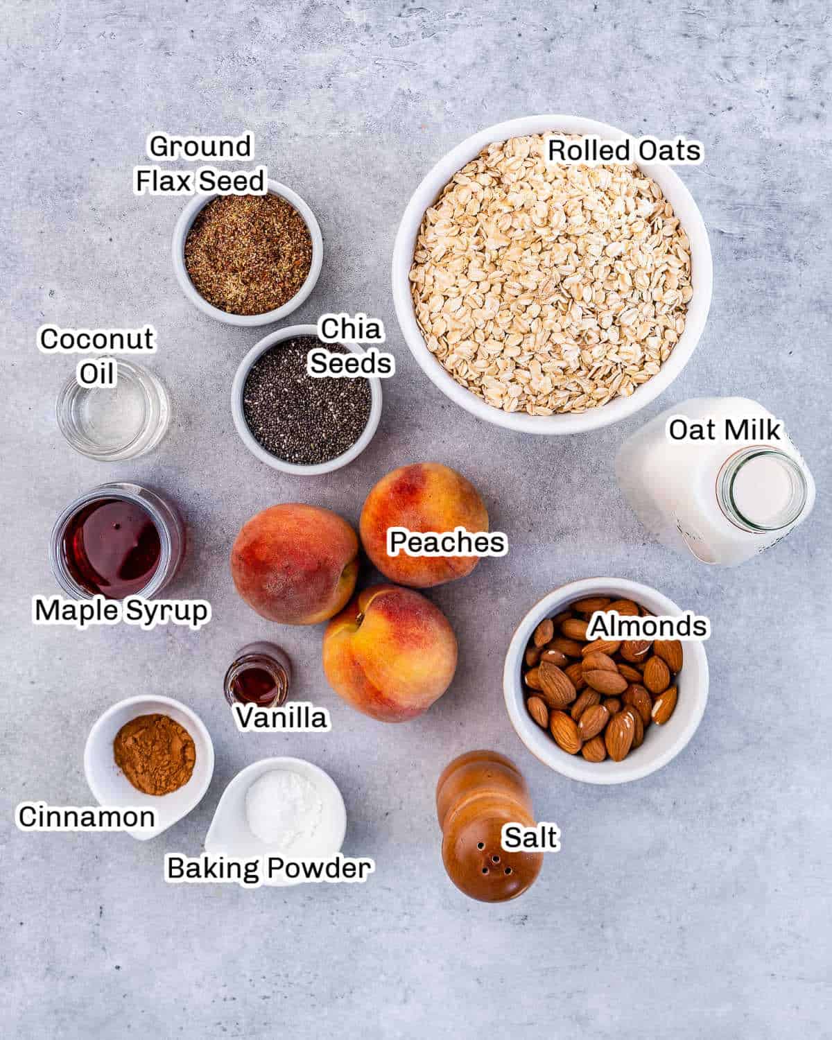 ingredients to make peach oatmeal bake.