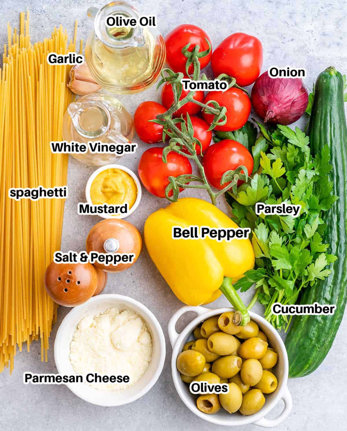 ingredients labeled for spaghetti salad.