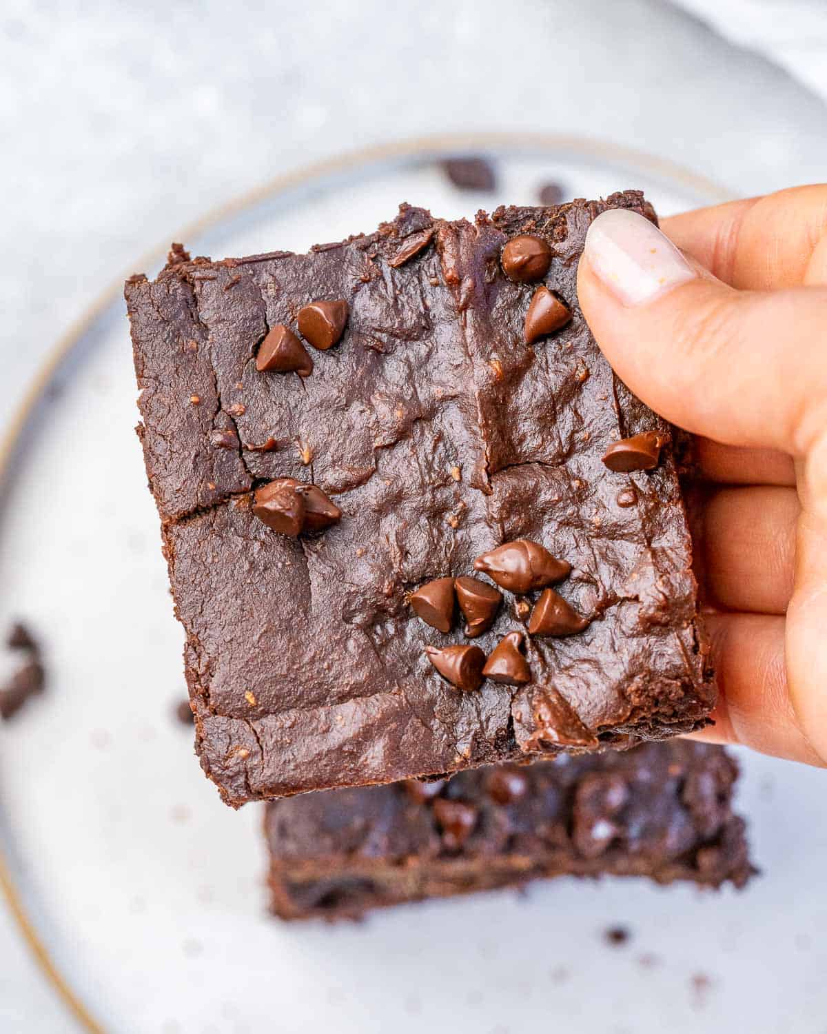 hand holding a brownie square bar.