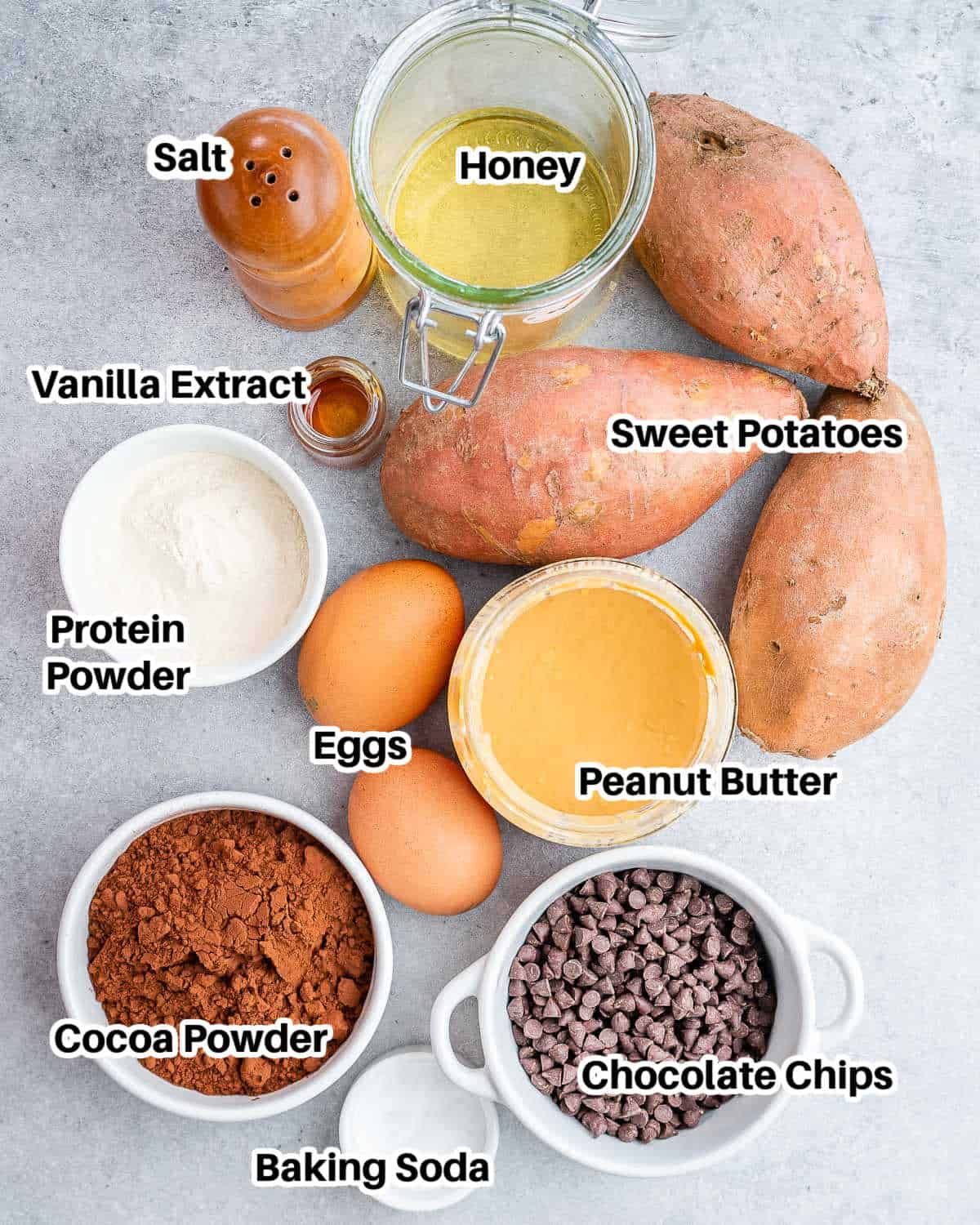 ingredients labeled for  sweet potato brownies. 