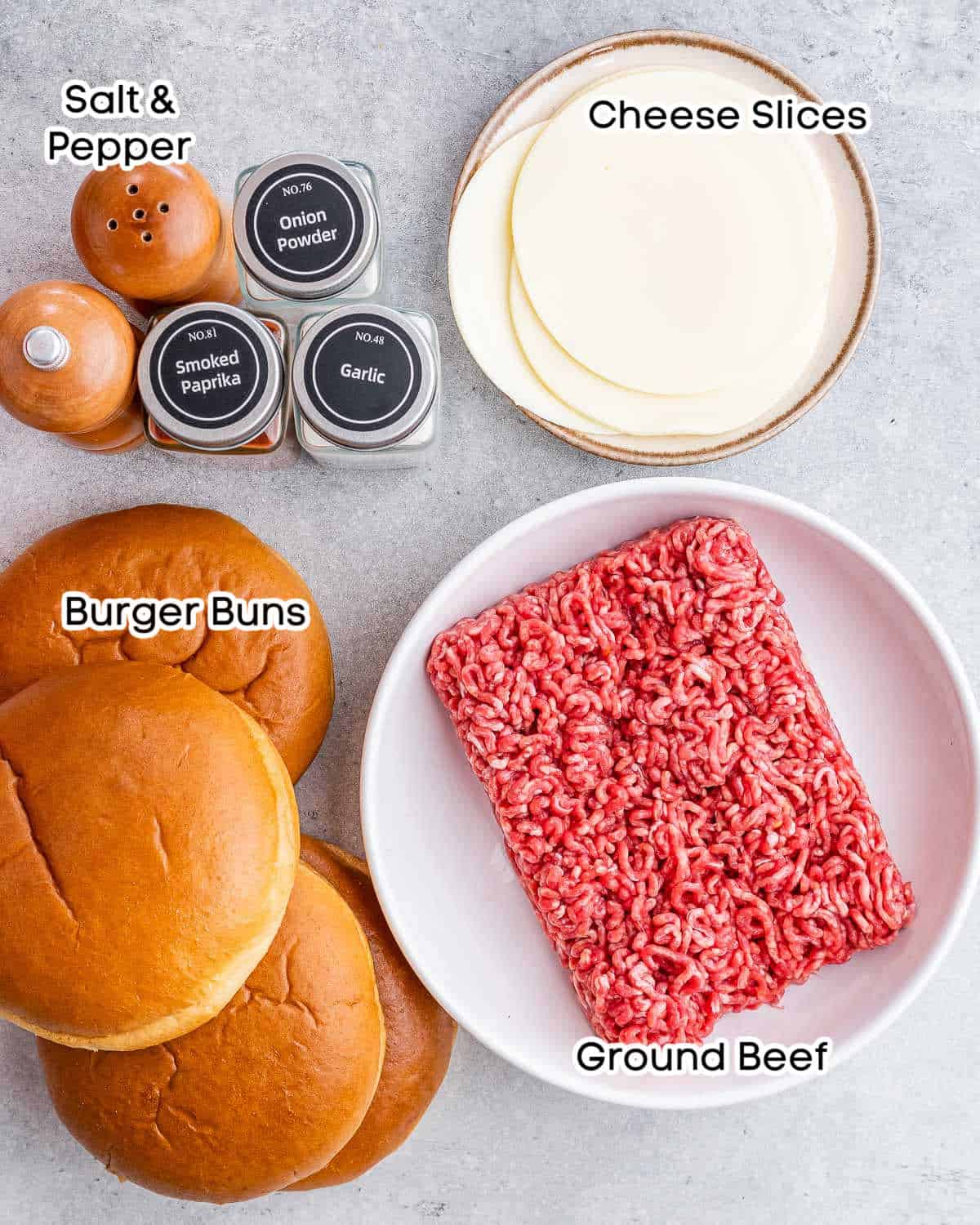 ingredients laid out to make beef burgers.