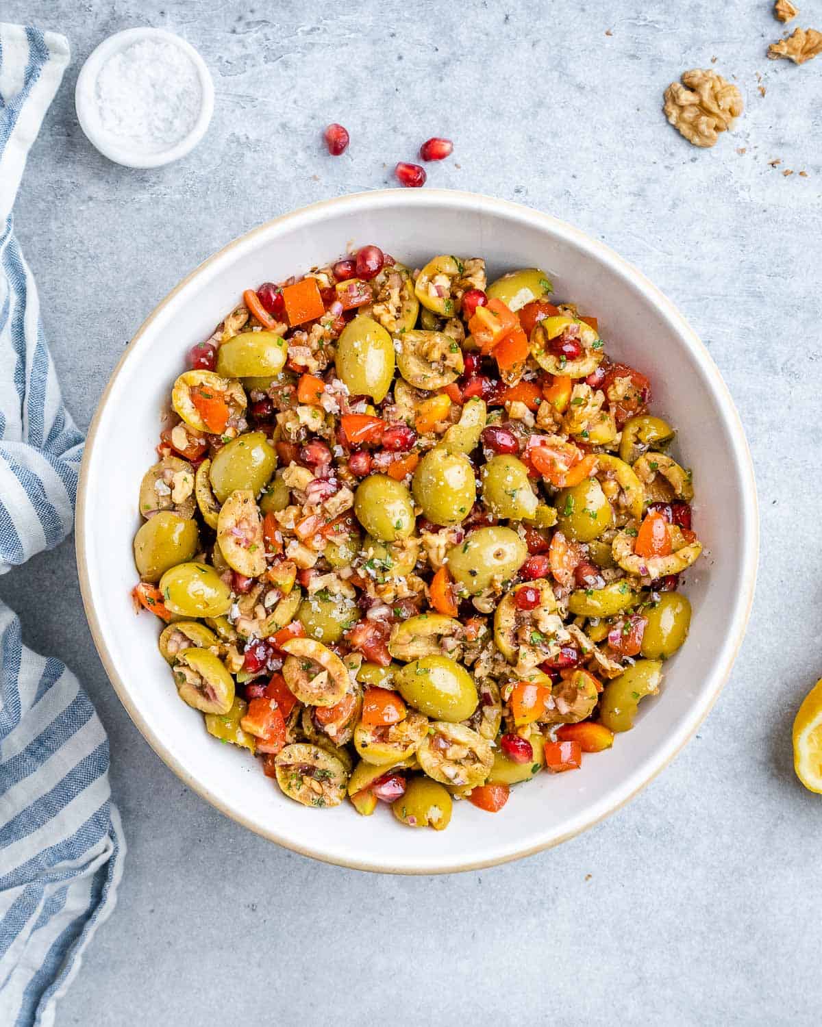 Olive salad fully mixed and ready to serve.