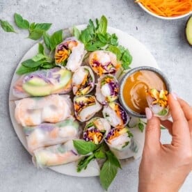 hand holding a shrimp summer dipping in peanut sauce over a plate full of asian summer rolls.